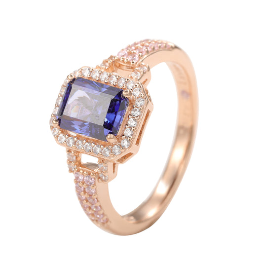 Suzy Levian Rose Sterling Silver Emerald-Cut Blue Pink Cubic Zirconia Halo Ring