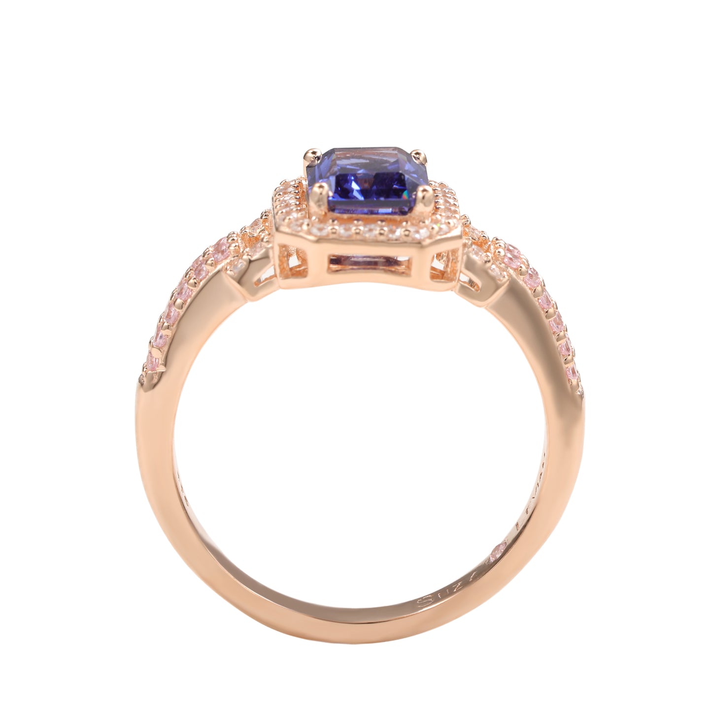 Suzy Levian Rose Sterling Silver Emerald-Cut Blue Pink Cubic Zirconia Halo Ring