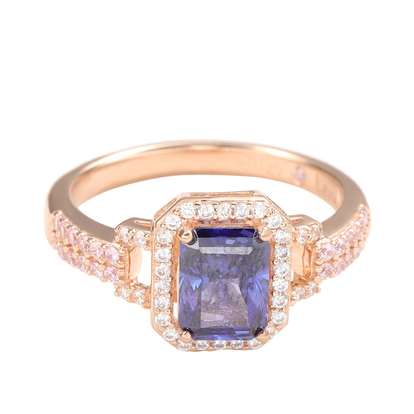 Suzy Levian Rose Sterling Silver Emerald-Cut Blue Pink Cubic Zirconia Halo Ring