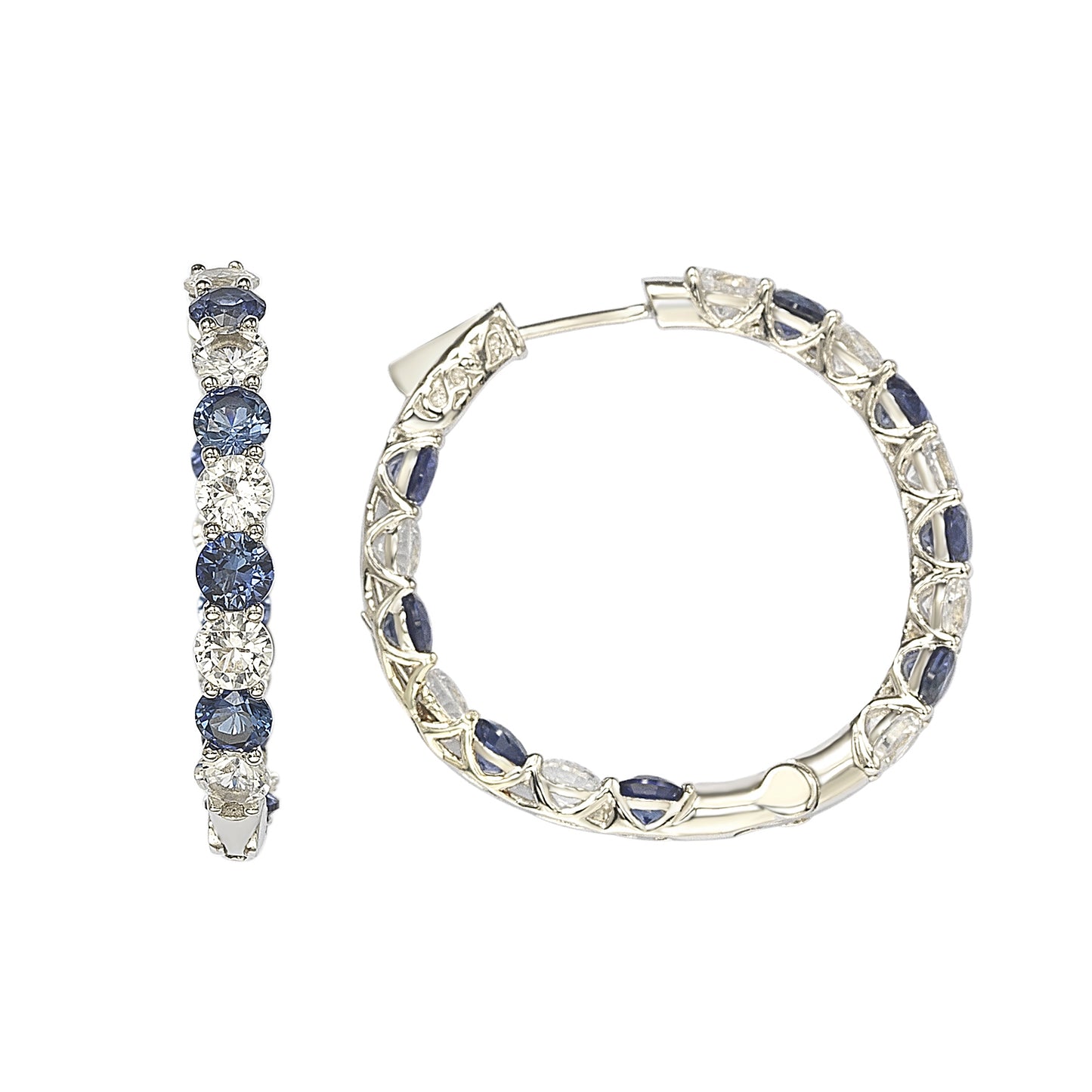 Suzy Levian Sterling Silver Blue Sapphire Crossing Hoop Earrings