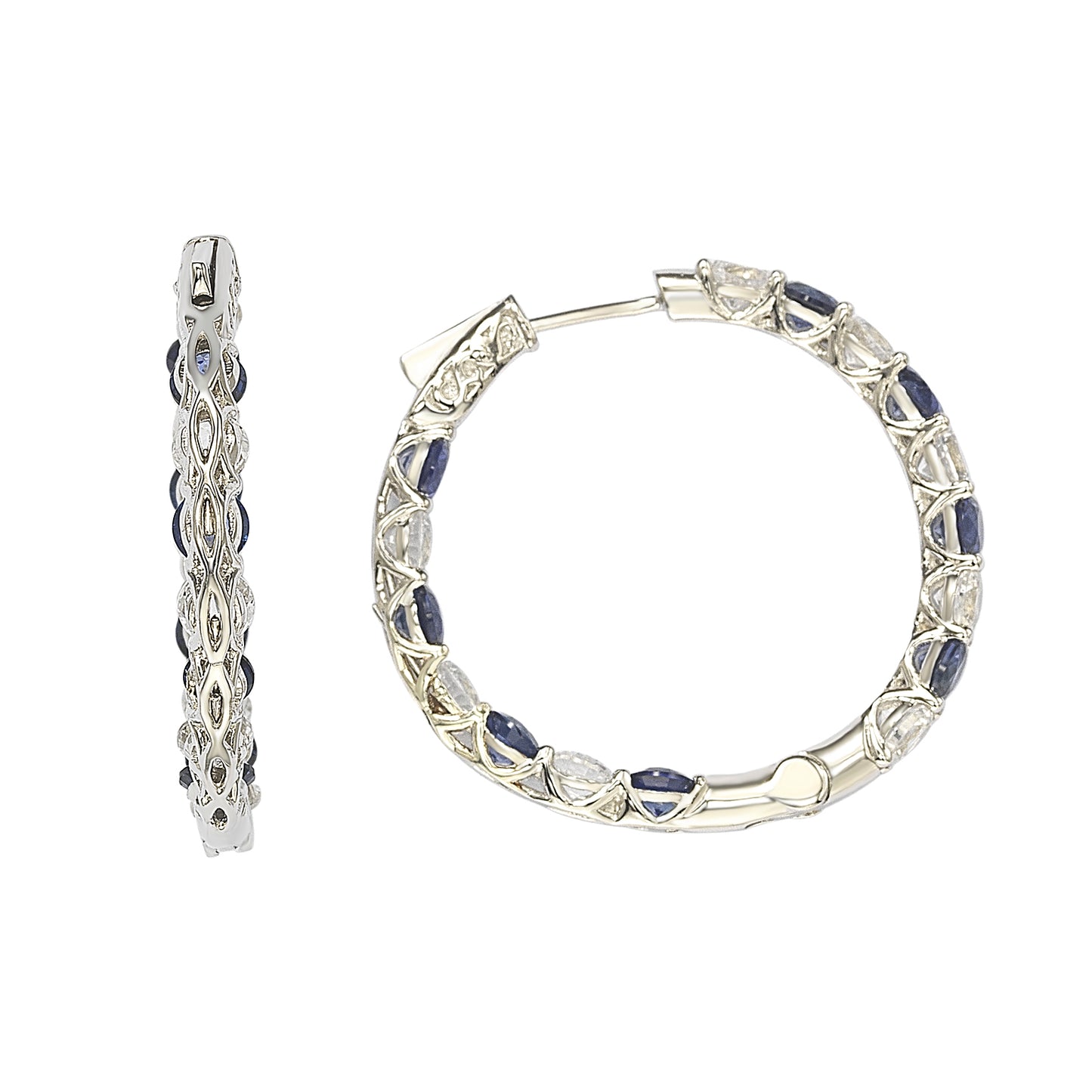 Suzy Levian Sterling Silver Blue Sapphire Crossing Hoop Earrings