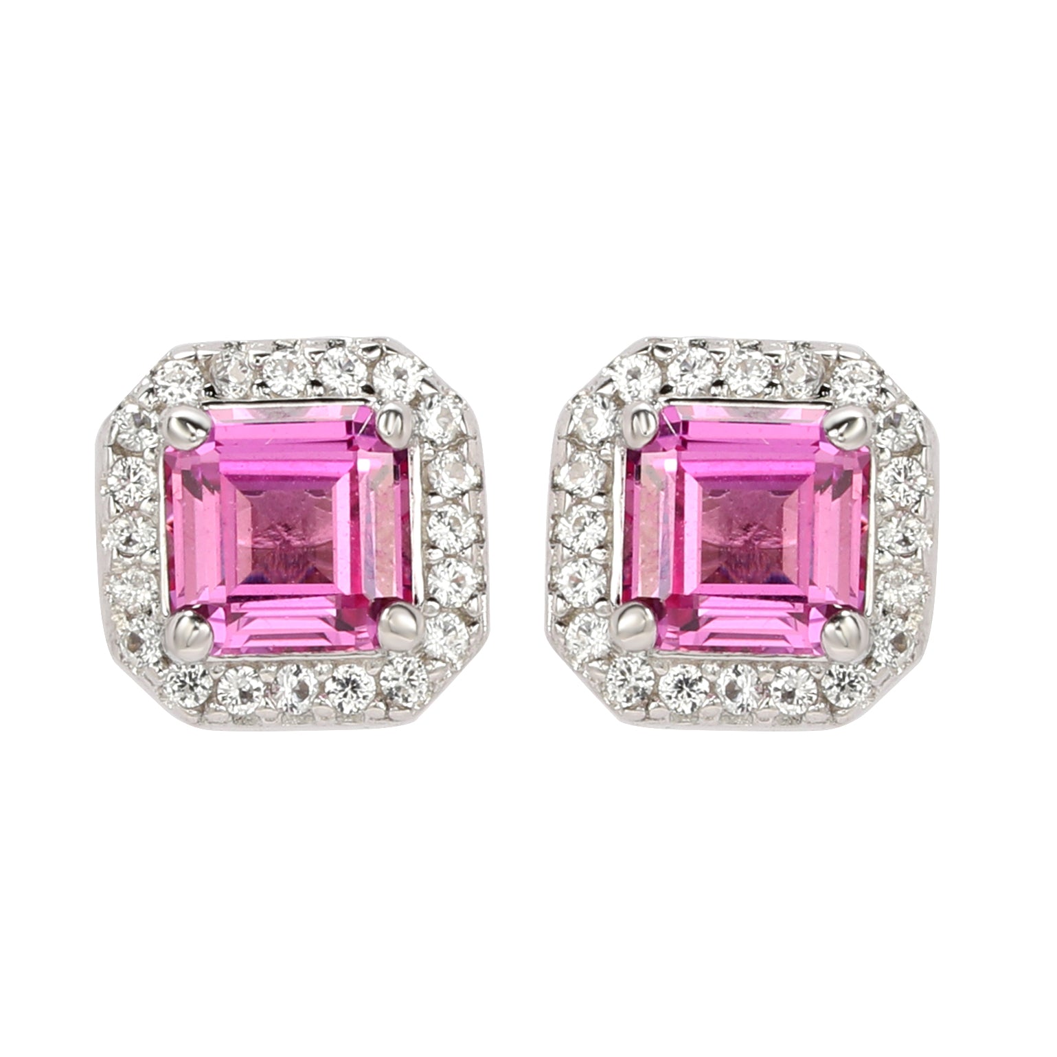 Suzy Levian Sterling Silver AscherCut Pink Sapphire Halo Stud Earrings ...