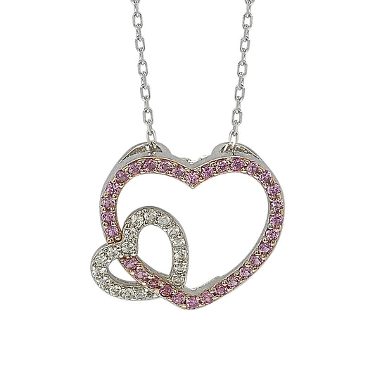 Suzy Levian Sterling Silver Pink & White Sapphire and Diamond Accent Double Heart Pendant