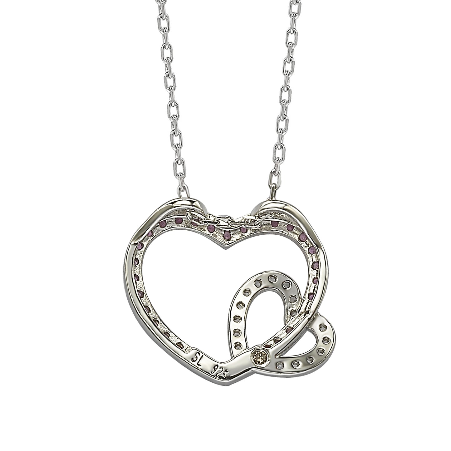 Suzy Levian Sterling Silver Pink & White Sapphire and Diamond Accent Double Heart Pendant