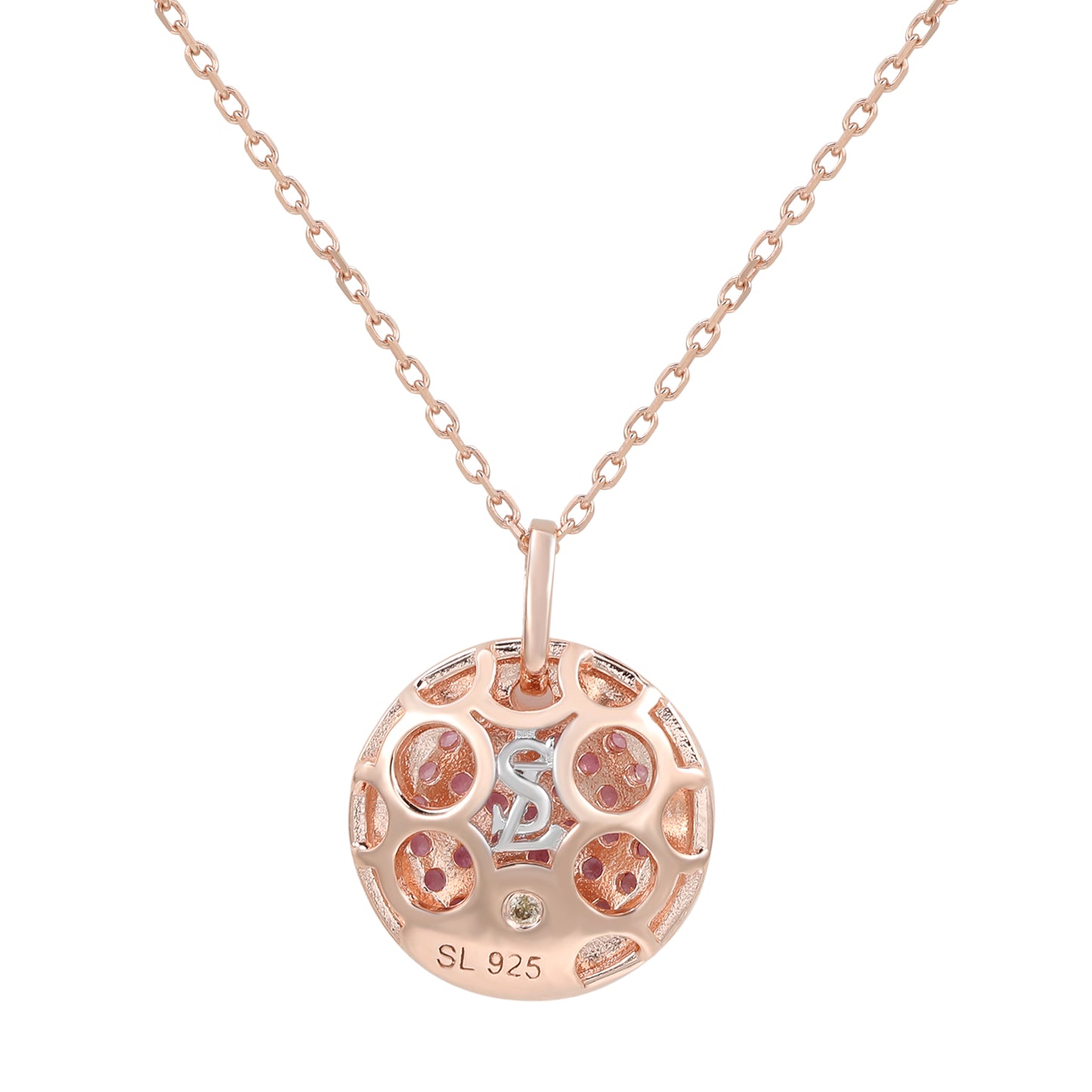 Suzy Levian Pink Sapphire Rose Sterling Silver Pave Circle Disc Pendant