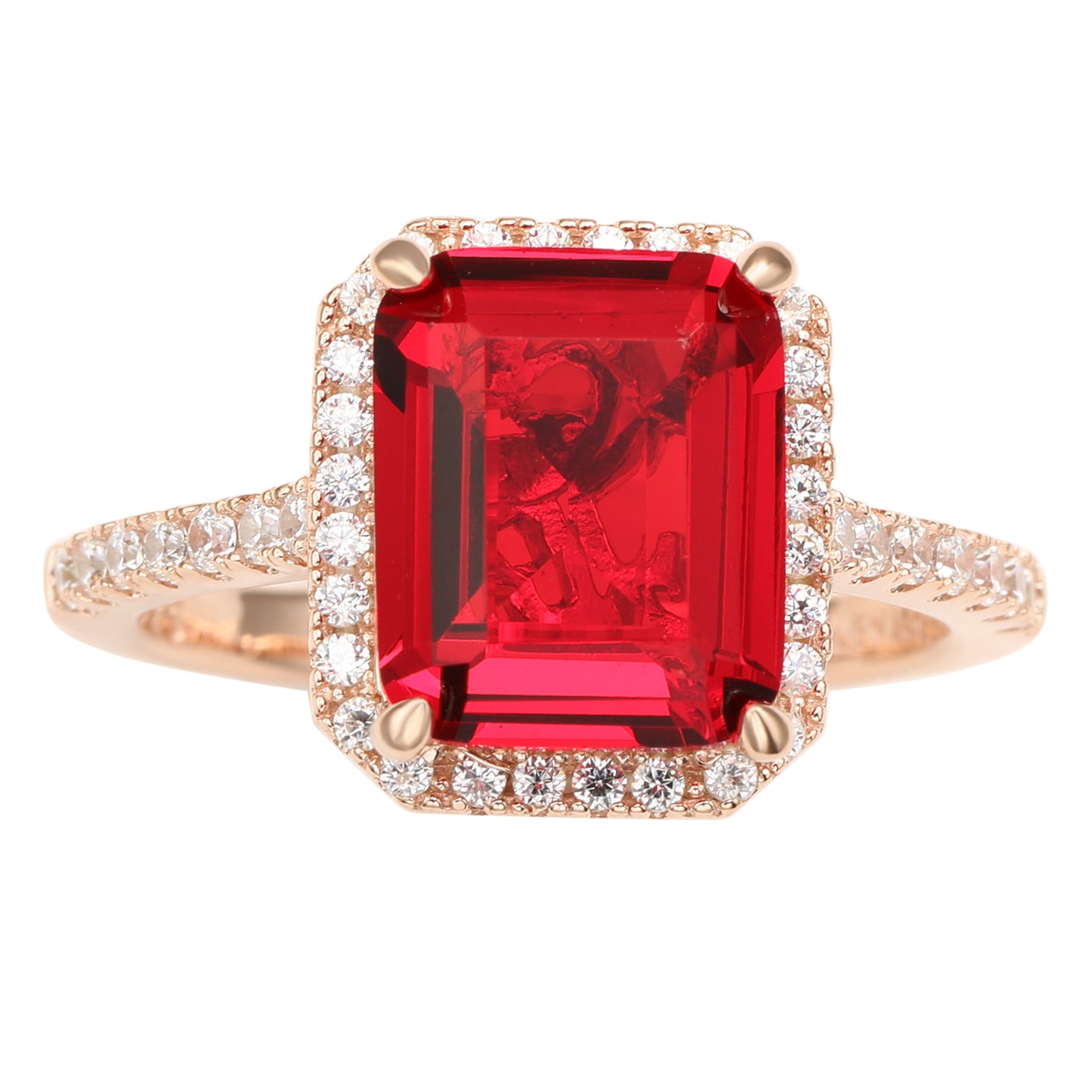 Suzy Levian Rose Sterling Silver Large Emerald-Cut Red and White Cubic Zirconia Halo Ring