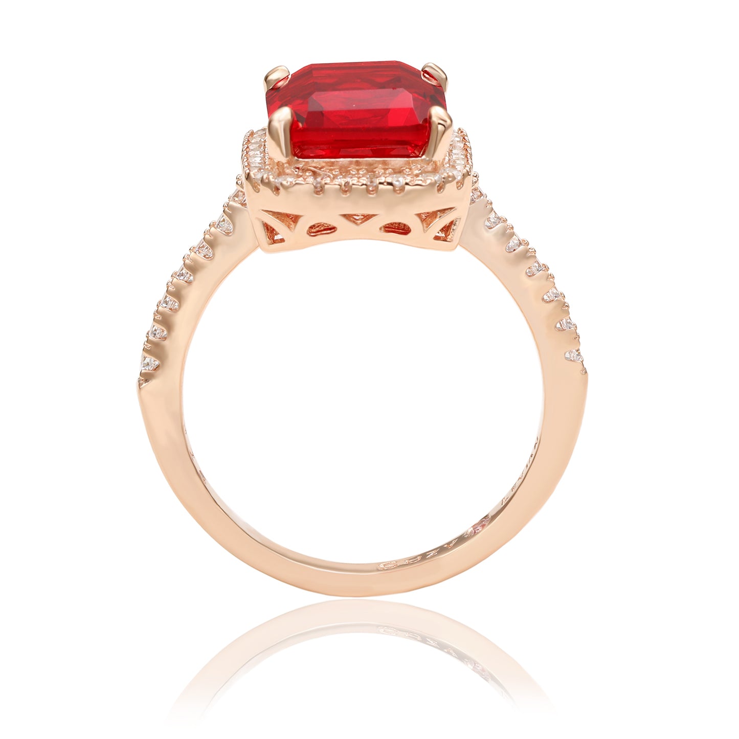 Suzy Levian Rose Sterling Silver Large Emerald-Cut Red and White Cubic Zirconia Halo Ring