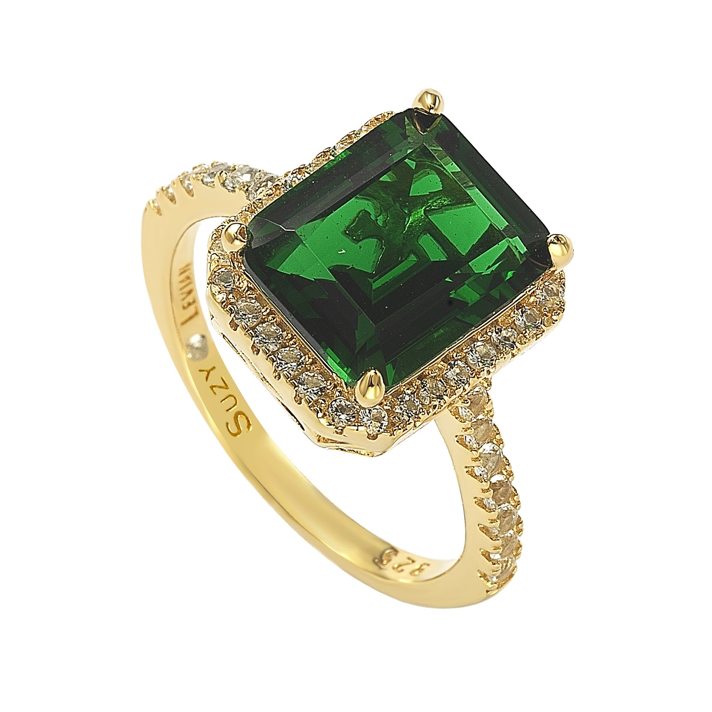 Suzy Levian Golden Sterling Silver Large Emerald-Cut Green and White Cubic Zirconia Halo Ring