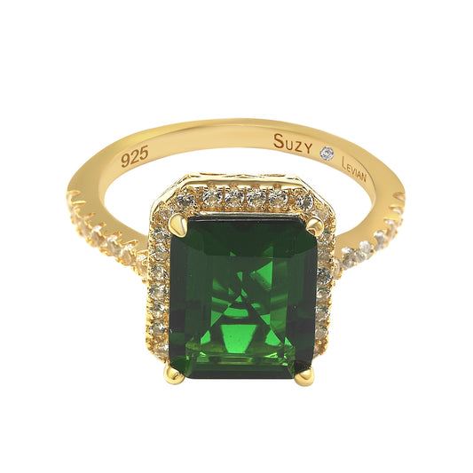 Suzy Levian Golden Sterling Silver Large Emerald-Cut Green and White Cubic Zirconia Halo Ring