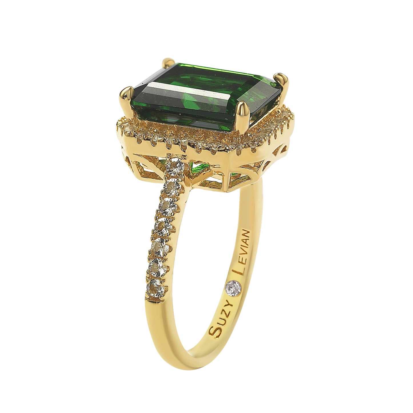 Suzy Levian Golden Sterling Silver Large Emerald-Cut Green and White Cubic Zirconia Halo Ring