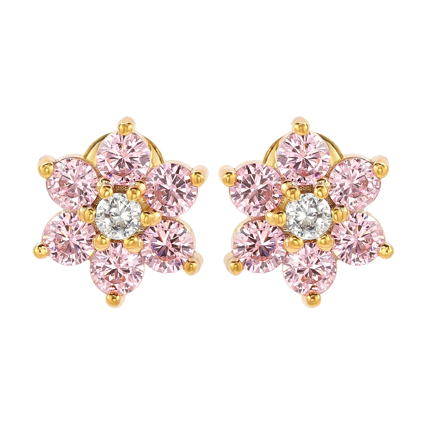 Suzy Levian Yellow Sterling Silver Pink Cubic Zirconia Flower Earrings