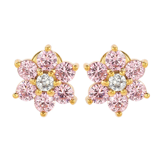 Suzy Levian Yellow Sterling Silver Pink Cubic Zirconia Flower Earrings