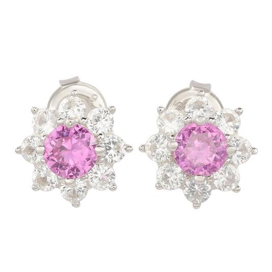 Suzy Levian Sterling Silver Pink Sapphire Flower Halo Stud Earrings