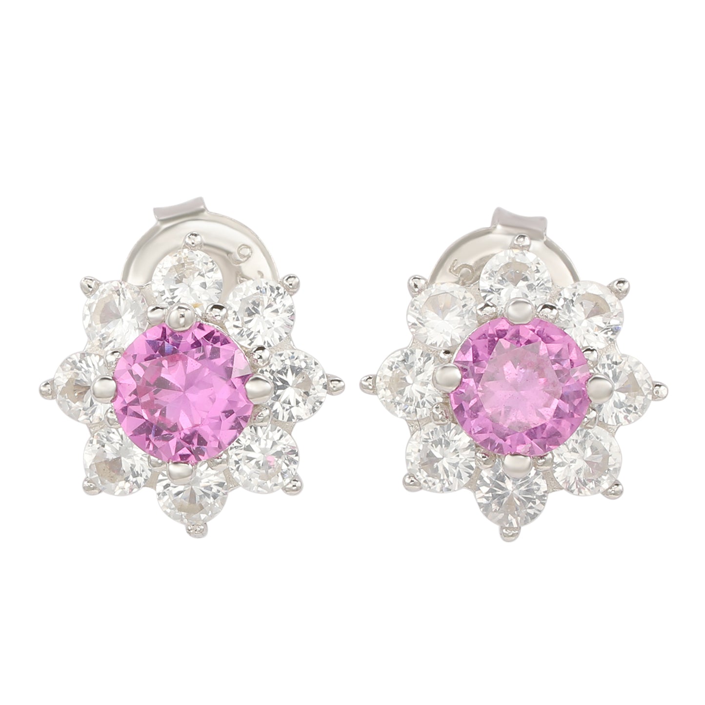 Suzy Levian Sterling Silver Pink Sapphire Flower Halo Stud Earrings