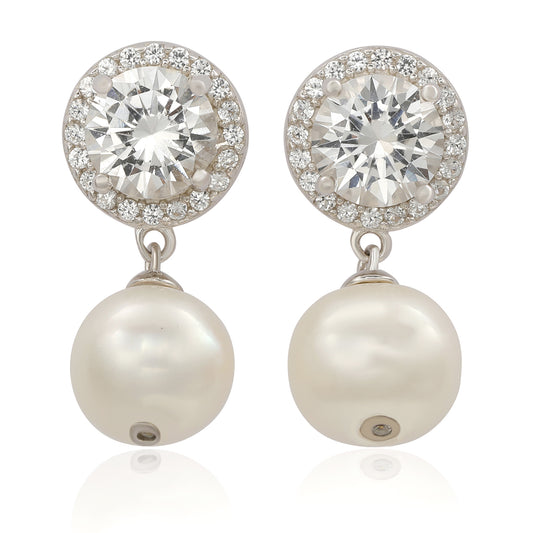 Suzy Levian Sterling Silver Pearl & White Sapphire Halo Earrings