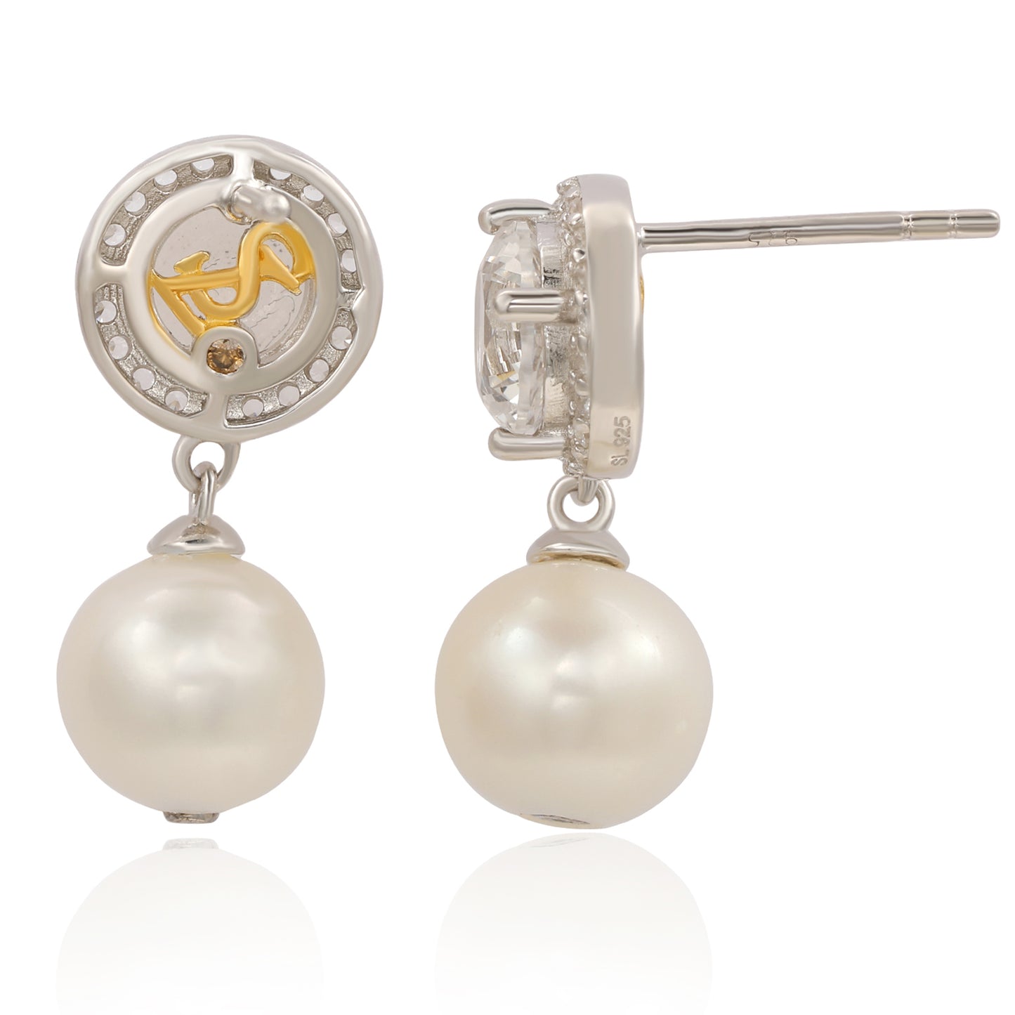 Suzy Levian Sterling Silver Pearl & White Sapphire Halo Earrings