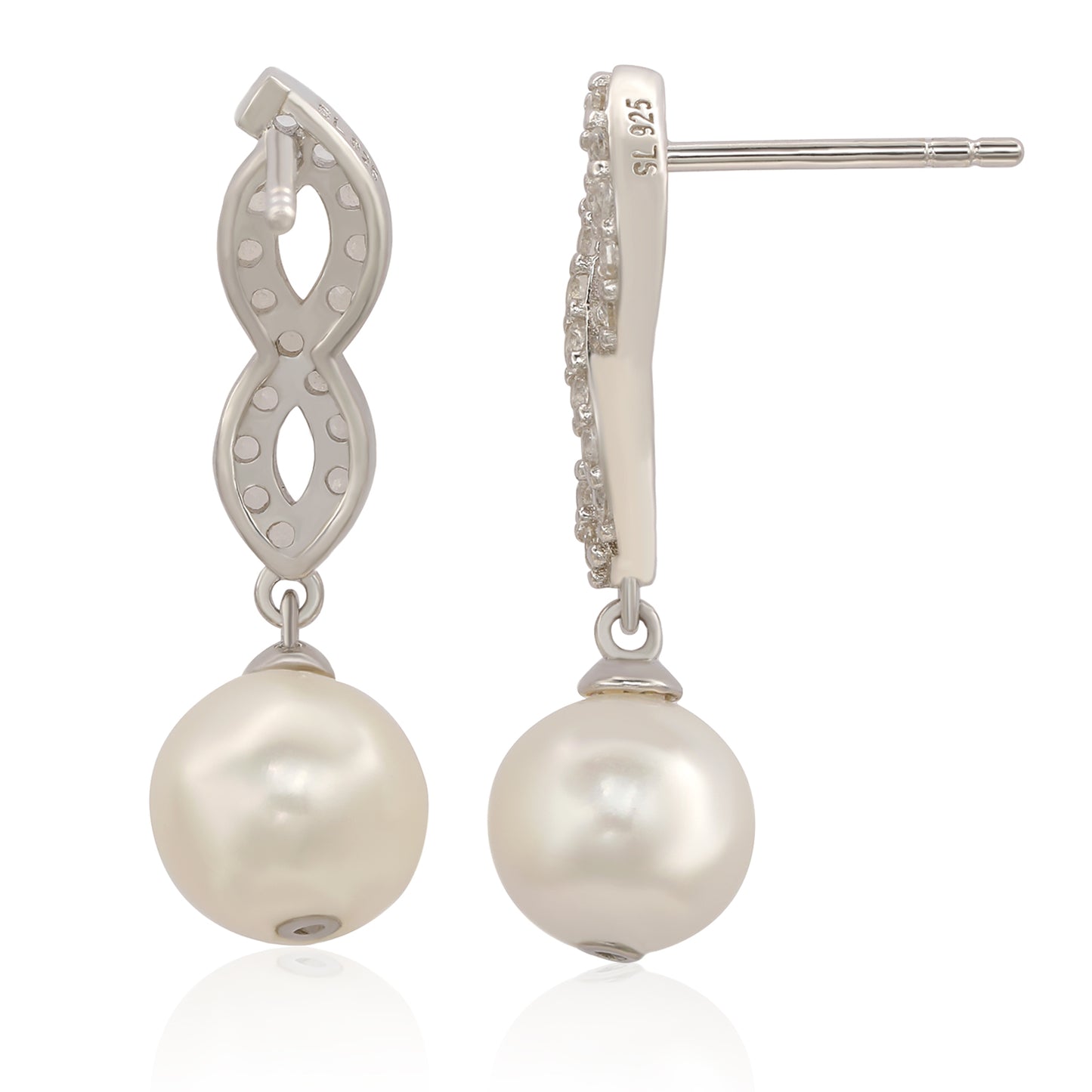 Suzy Levian Sterling Silver Pearl & White Sapphire Dangle Earrings