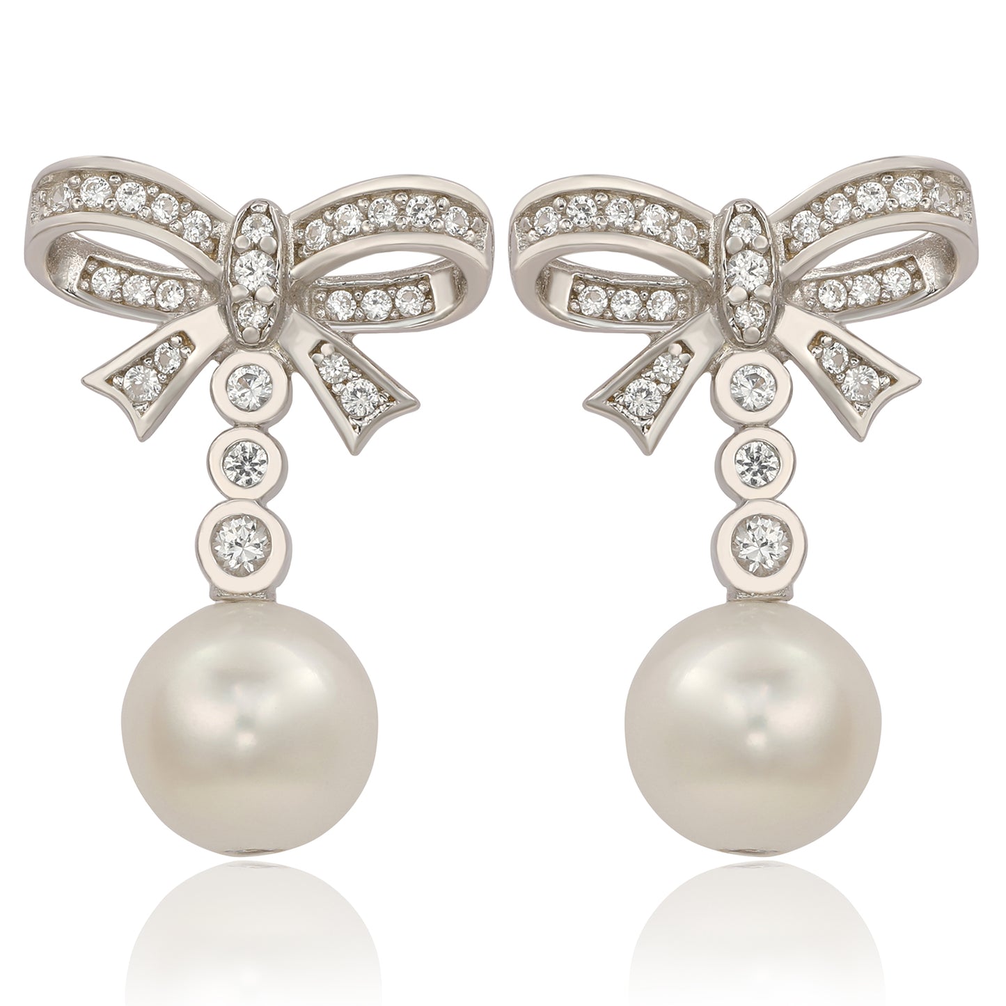 Suzy Levian Sterling Silver Pearl & White Sapphire Bow Earrings