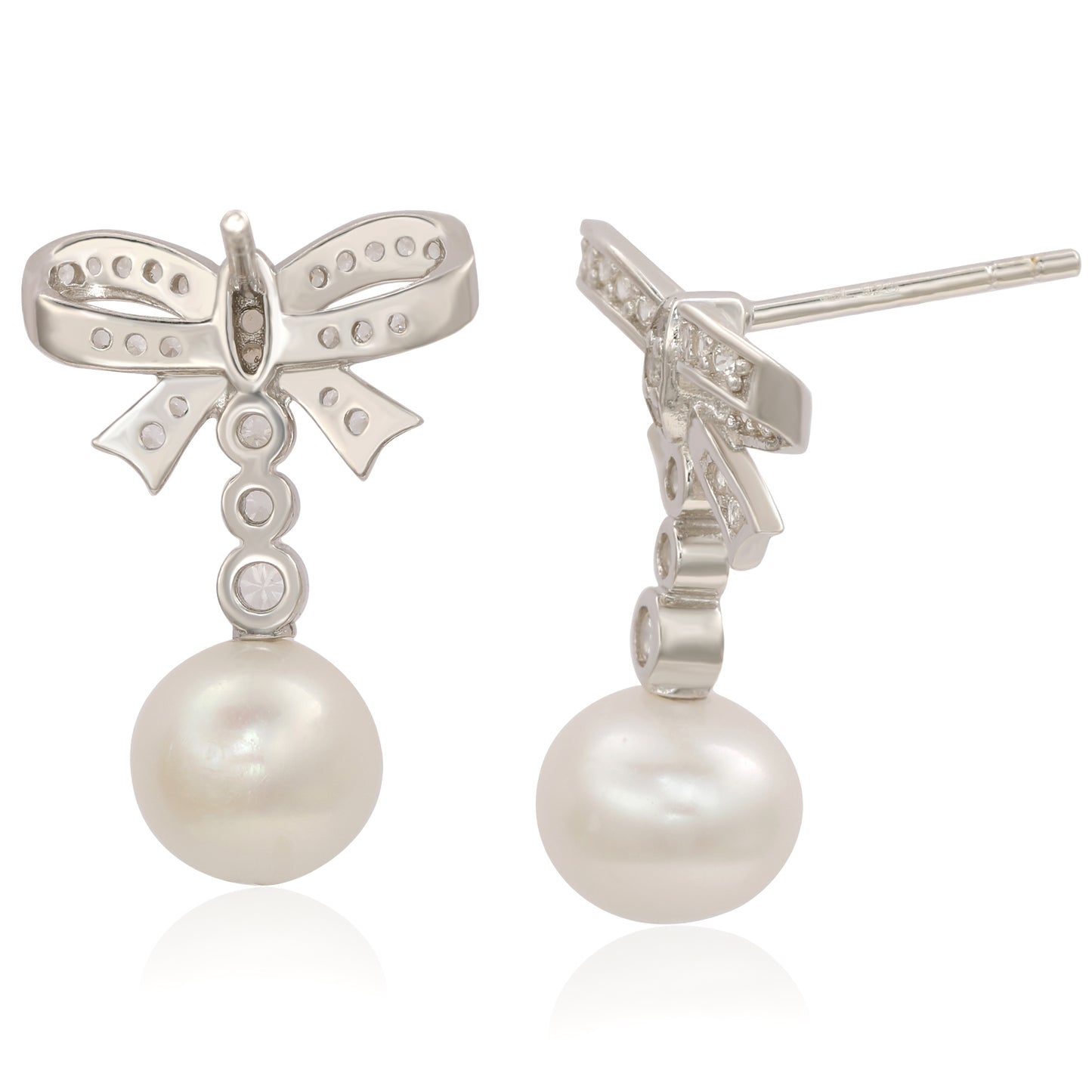 Suzy Levian Sterling Silver Pearl & White Sapphire Bow Earrings