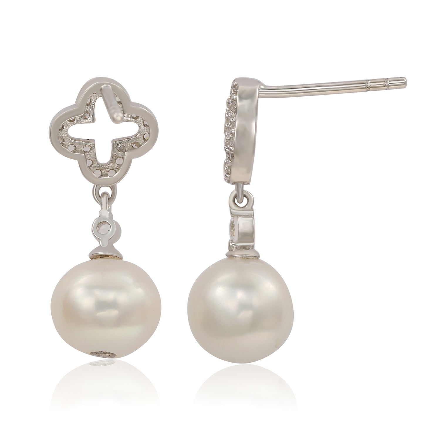 Suzy Levian Sterling Silver Clover White Sapphire and Cultured Pearl Earrings