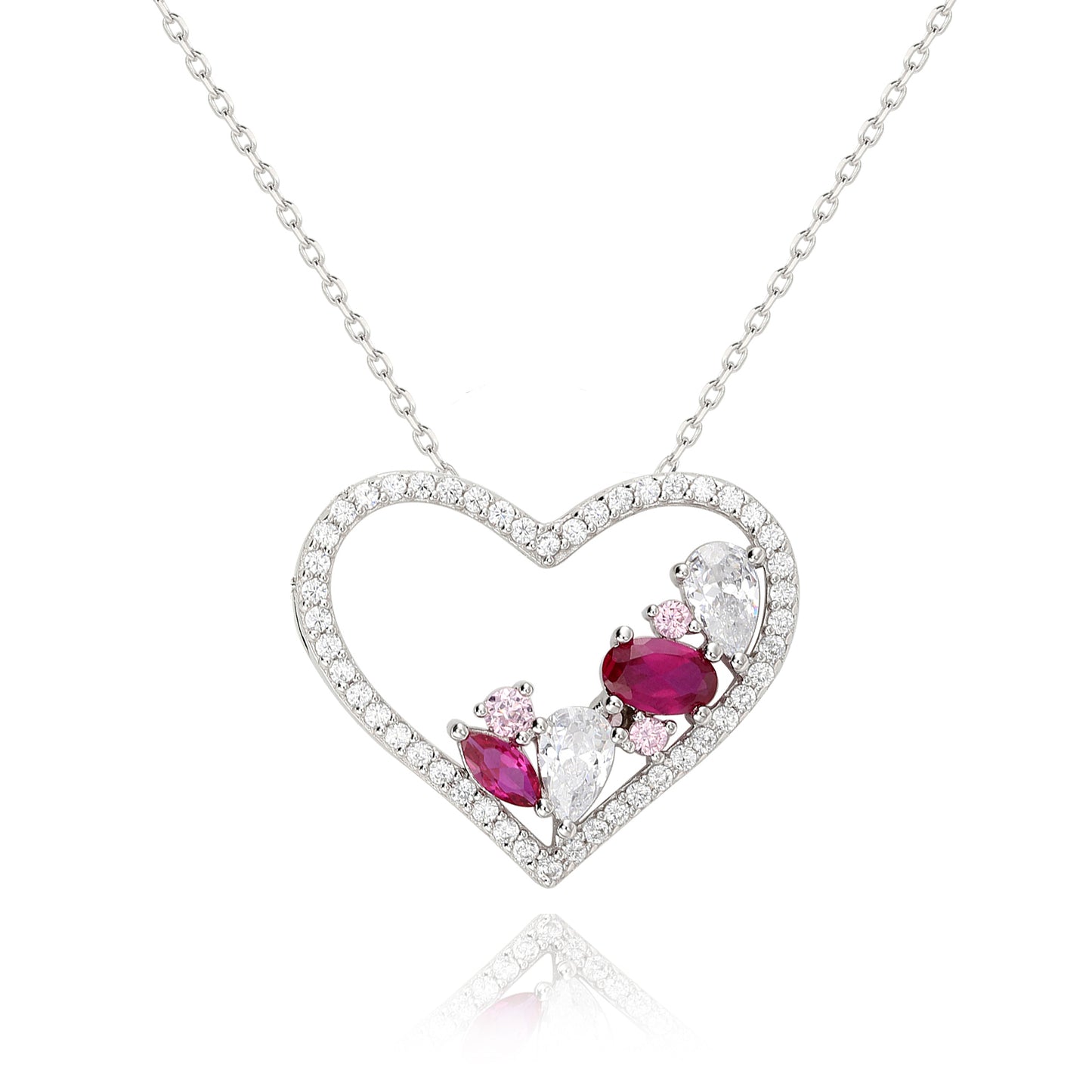 Suzy Levian Sterling Silver Ruby & White Cubic Zirconia Heart Pendant Necklace