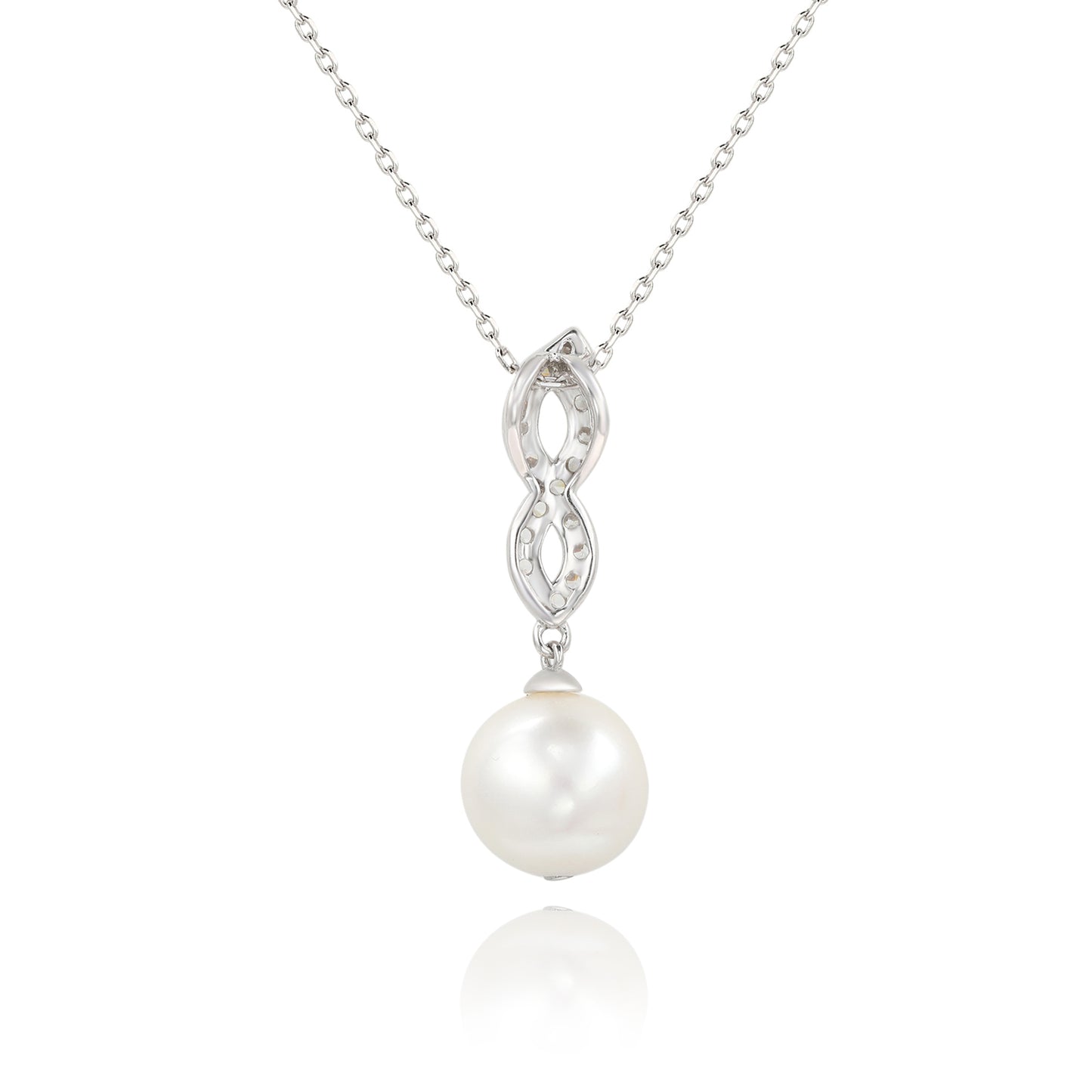 Suzy Levian Sterling Silver Pearl and White Sapphire Infinity Pendant