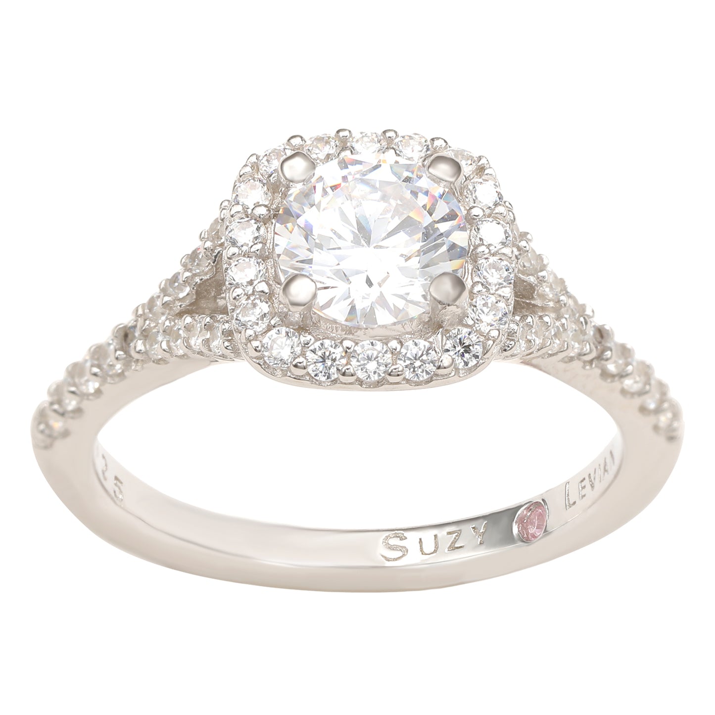 Suzy Levian Sterling Silver White Round Cut Cubic Zirconia Halo Ring