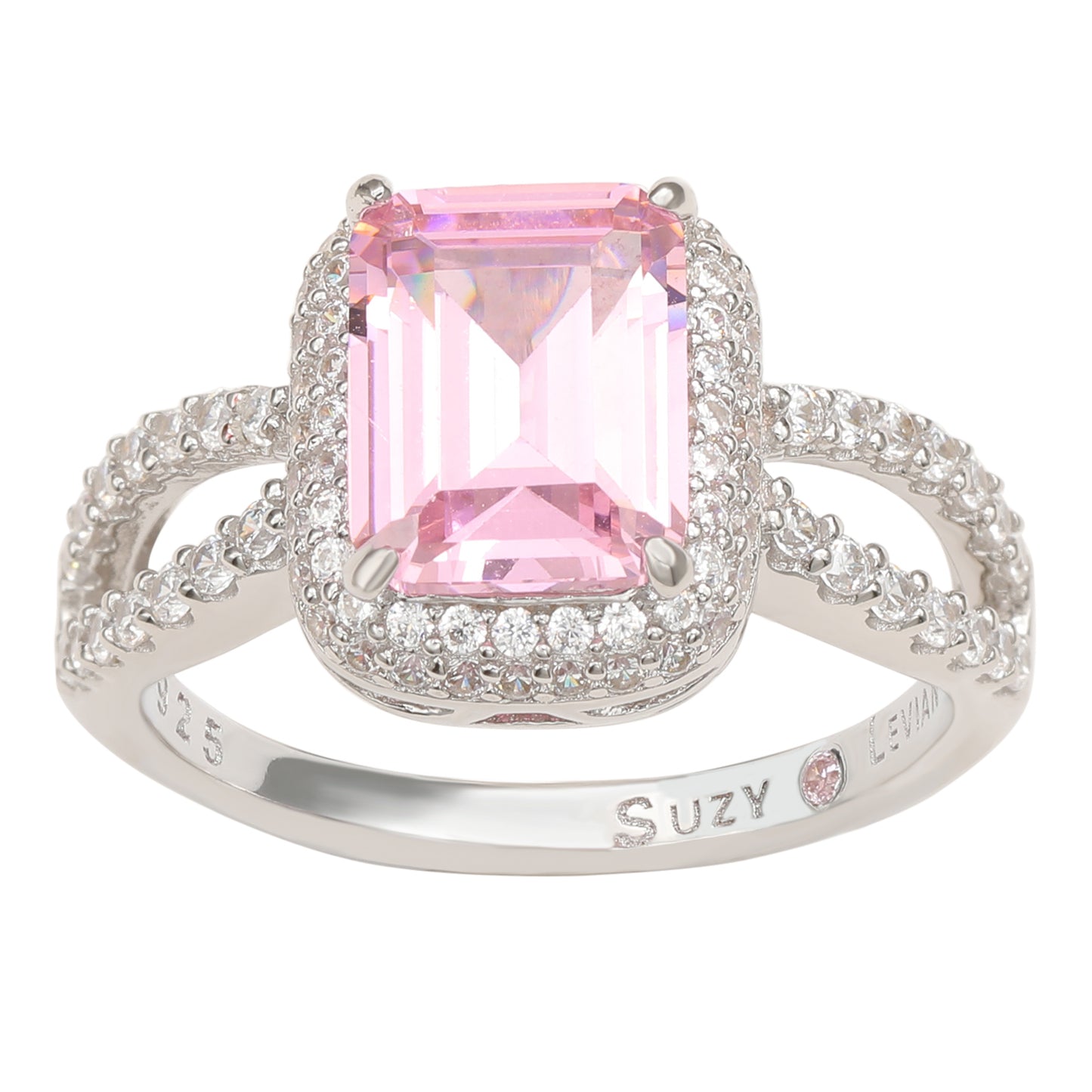 Suzy Levian Sterling Silver Pink Cubic Zirconia  Halo Engagement Ring