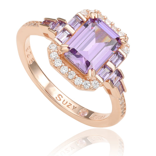 Suzy Levian Rose Sterling Silver Purple Amethyst Emerald  Cut Cubic Engagement Ring
