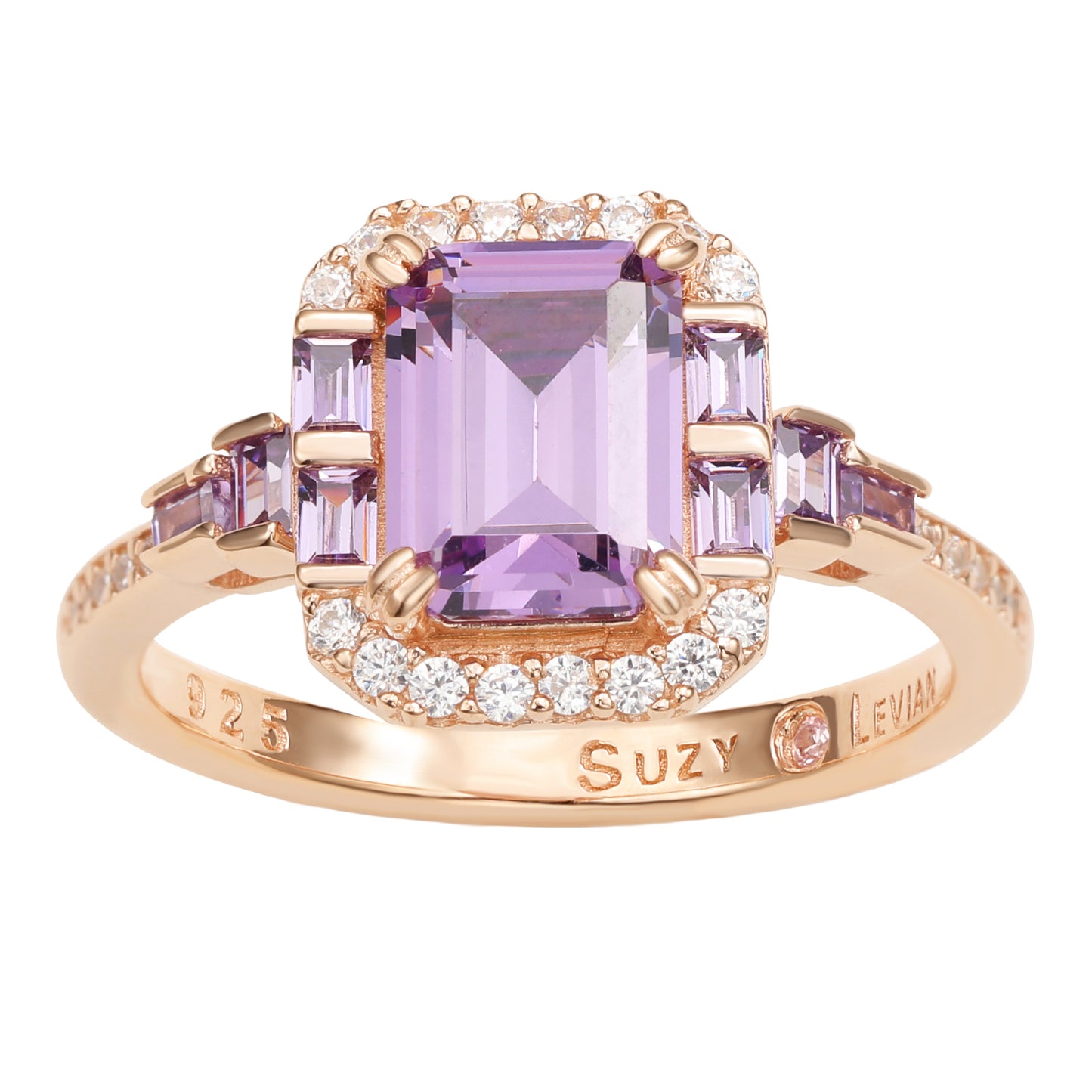 Suzy Levian Rose Sterling Silver Purple Amethyst Emerald  Cut Cubic Engagement Ring