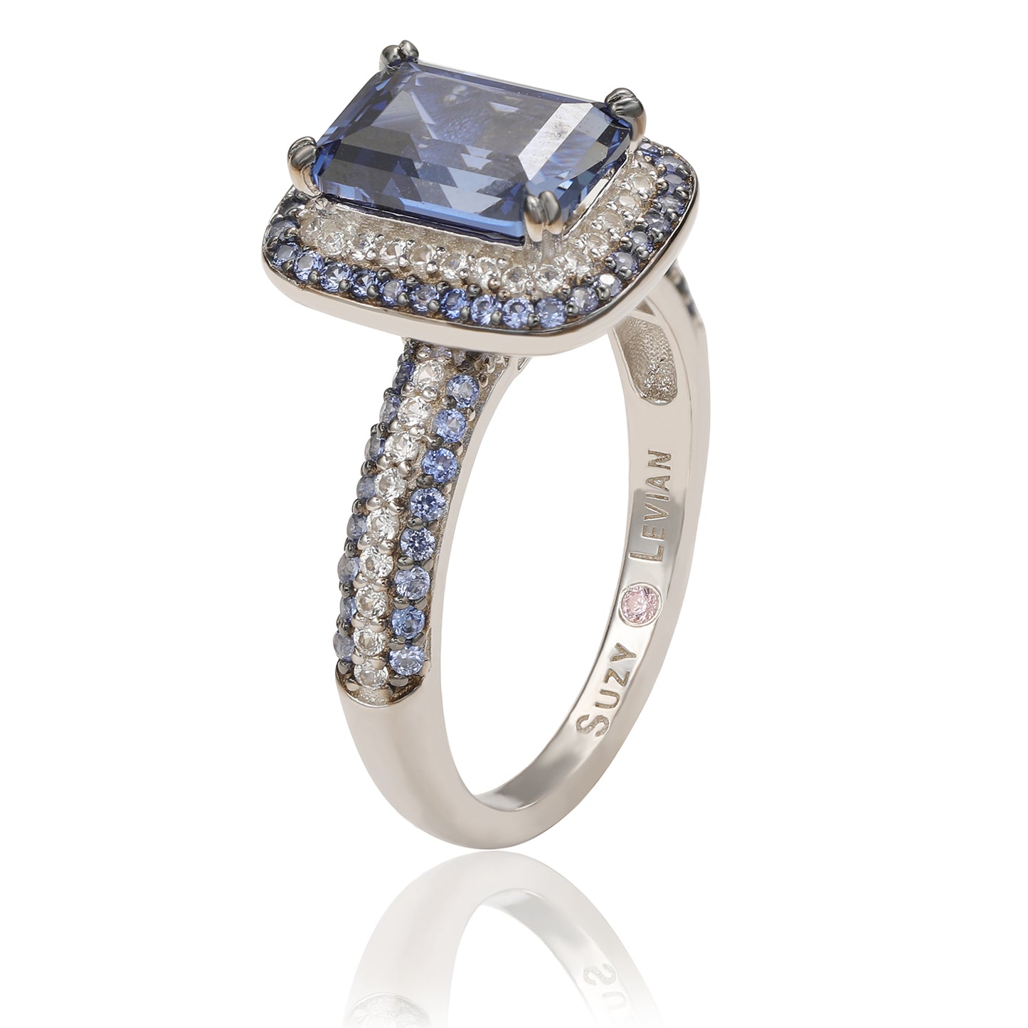Suzy Levian Sterling Silver Blue Sapphire Diamond Accent Halo Ring