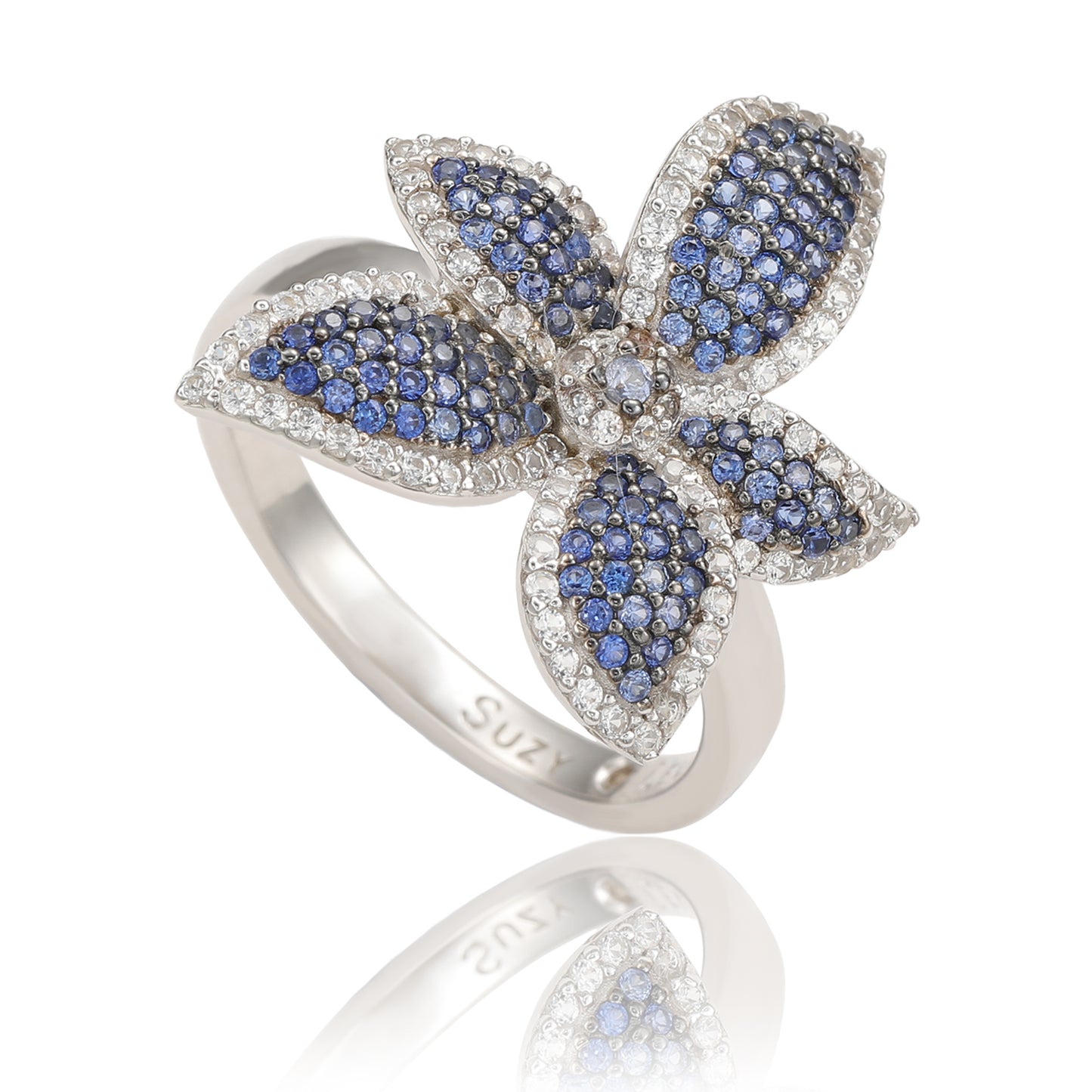 Suzy Levian Sterling Silver Blue Sapphire & White Sapphire Flower Ring