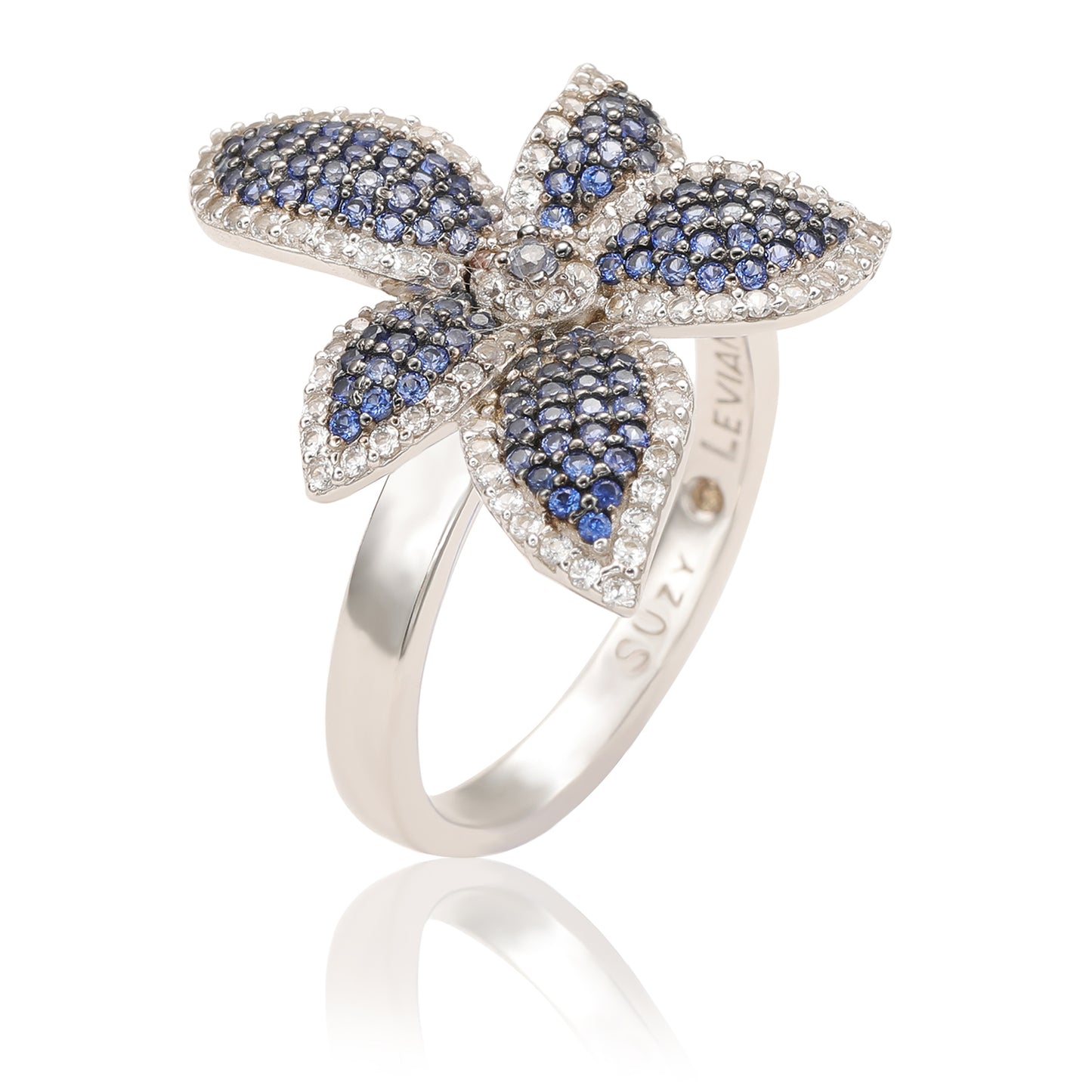 Suzy Levian Sterling Silver Blue Sapphire & White Sapphire Flower Ring