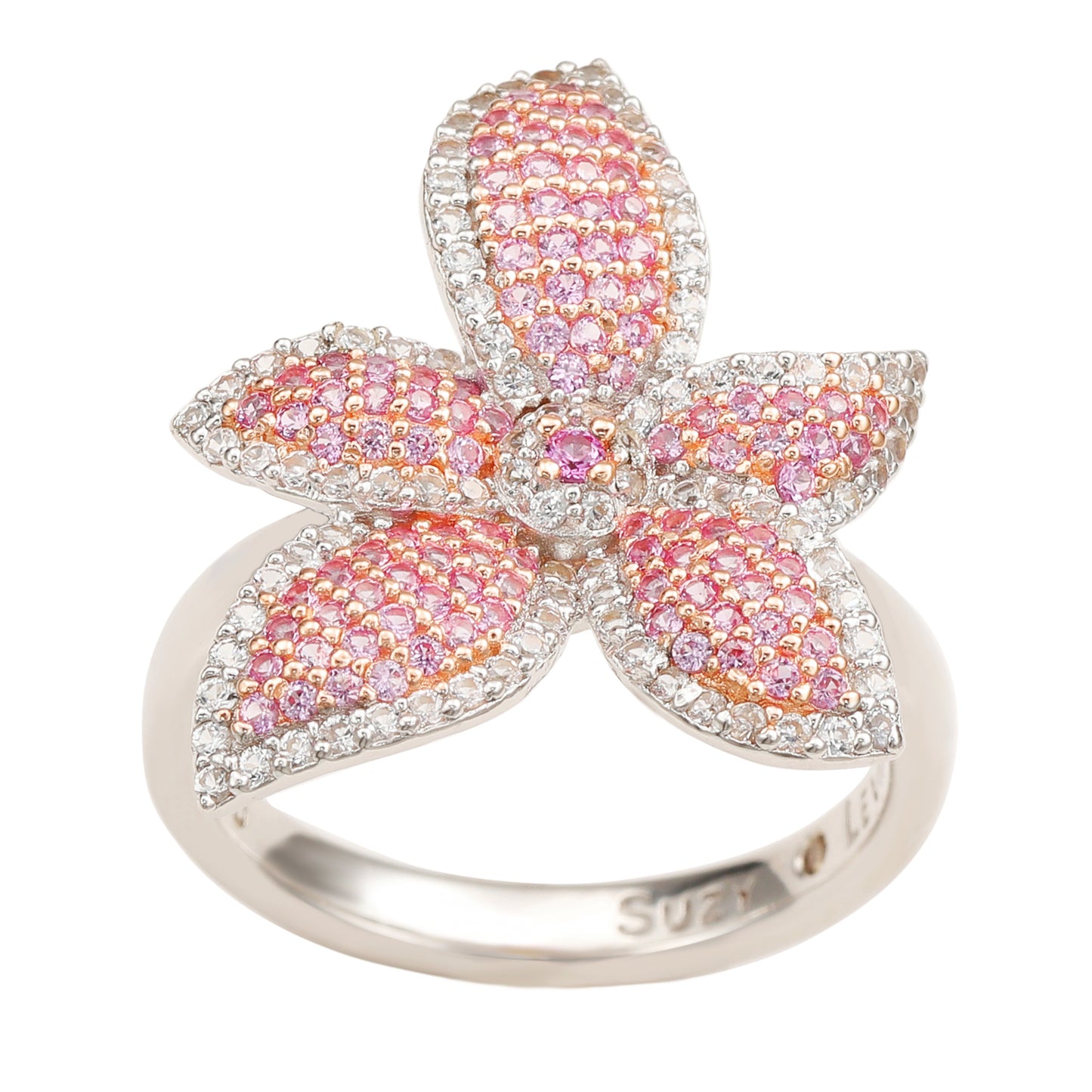 Suzy Levian Sterling Silver Pink Sapphire & White Sapphire Flower Ring