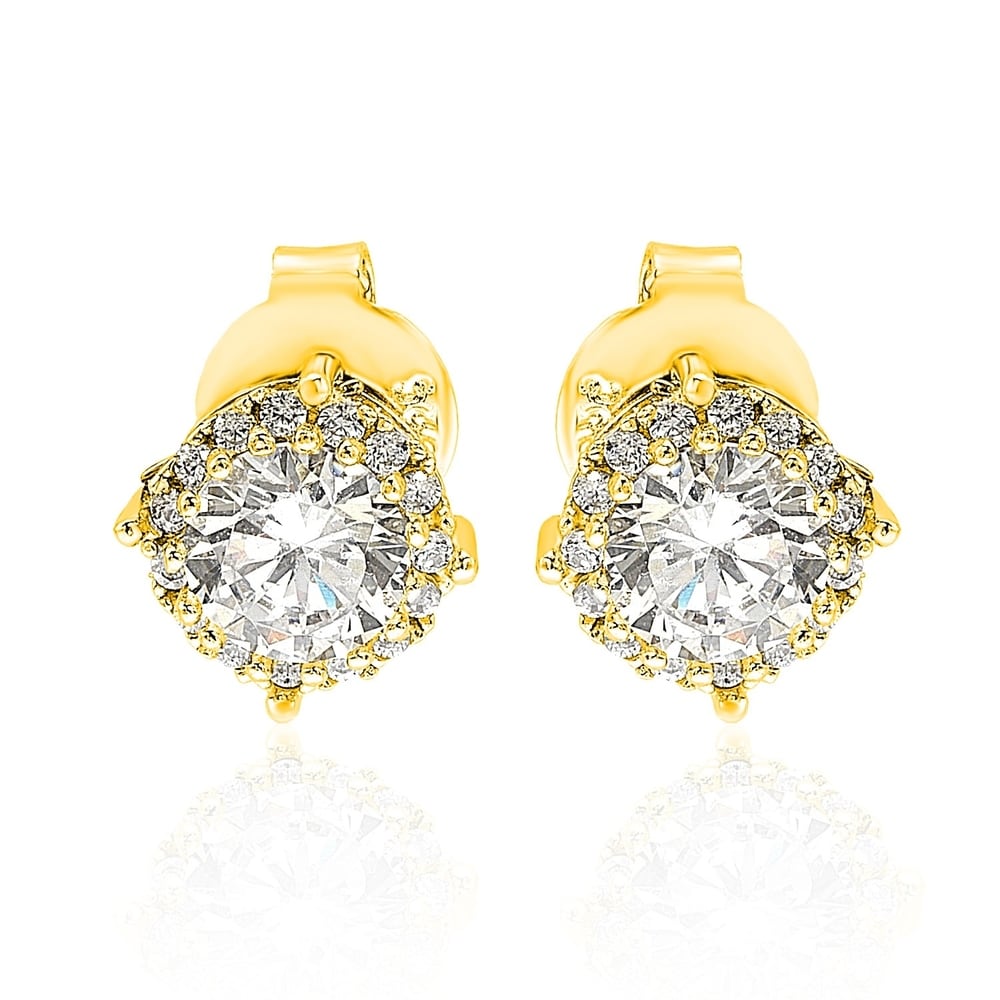 Suzy Levian Yellow Sterling Silver White Cubic Zirconia Round Stud Earrings