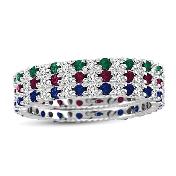 Suzy Levian 14K White Gold Diamond Sapphire Ruby Emerald 3-piece Eternity Band Ring Set