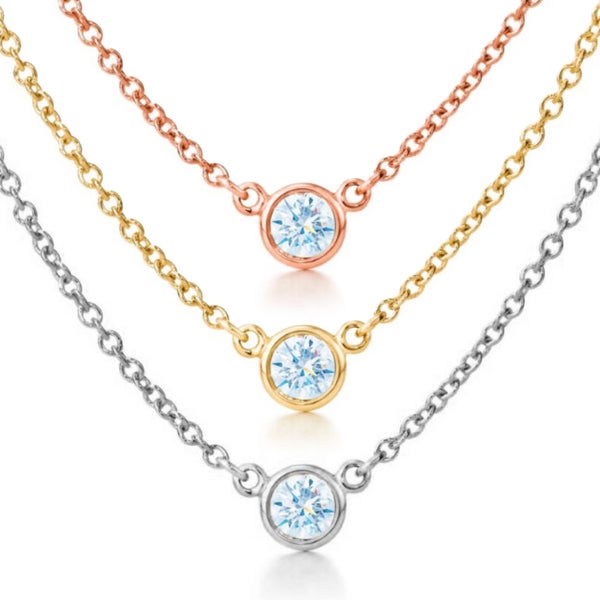Suzy Levian 14k Rose Gold 2/5 ct Bezel Diamond Solitaire Station Necklace