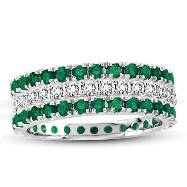 Suzy Levian 14k White Gold Emerald Diamond 3-piece Eternity Band Ring Set