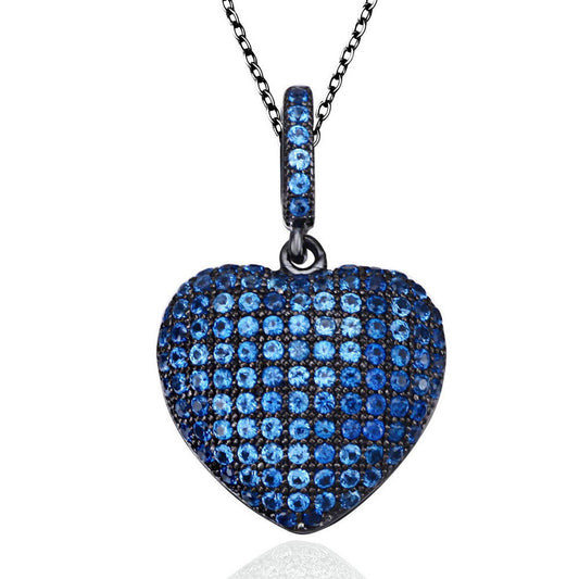 Suzy Levian Blue Cubic Zirconia Blackened Sterling Silver Pave Heart Pendant