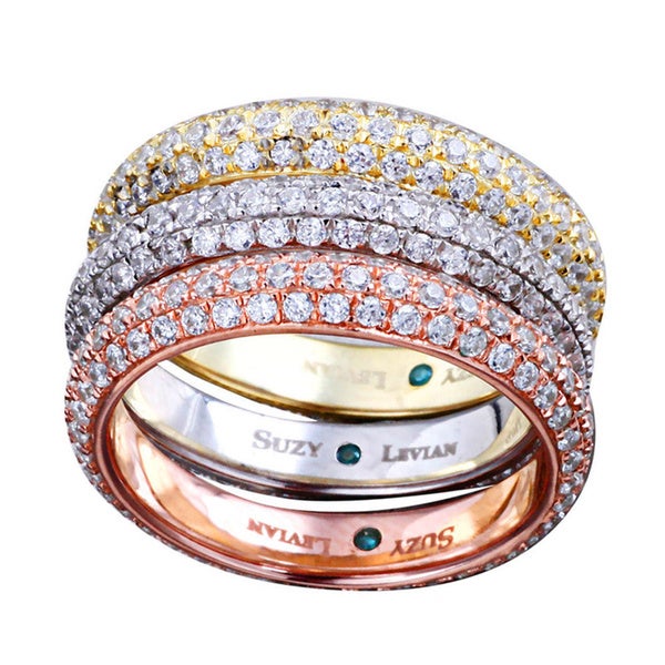 Suzy Levian Bridal 3-piece Tri-tone Eternity Rings Micro-pave Cubic Zirconia Sterling Silver Bands