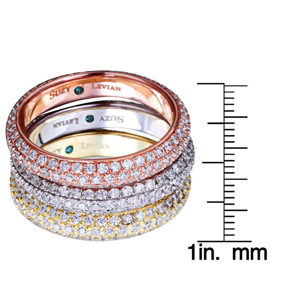 Suzy Levian Bridal 3-piece Tri-tone Eternity Rings Micro-pave Cubic Zirconia Sterling Silver Bands