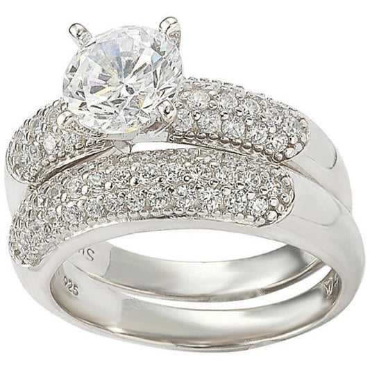 Suzy Levian Bridal Sterling Silver Cubic Zirconia Engagement Ring and Band Set