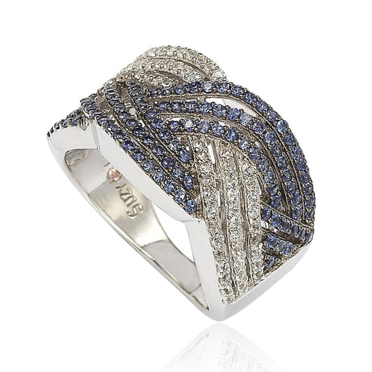 Suzy Levian Crossover Blue and White Sapphire Sterling Silver Ring