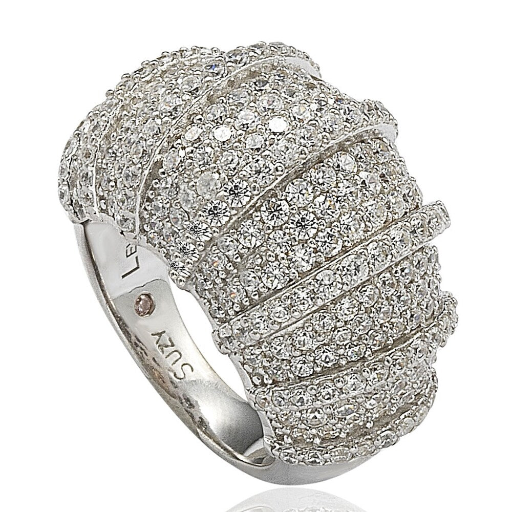 Suzy Levian Cubic Zirconia Sterling Silver White Pave 3D Striped Ring