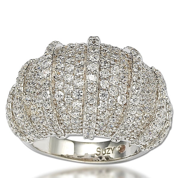 Suzy Levian Cubic Zirconia Sterling Silver White Pave 3D Striped Ring