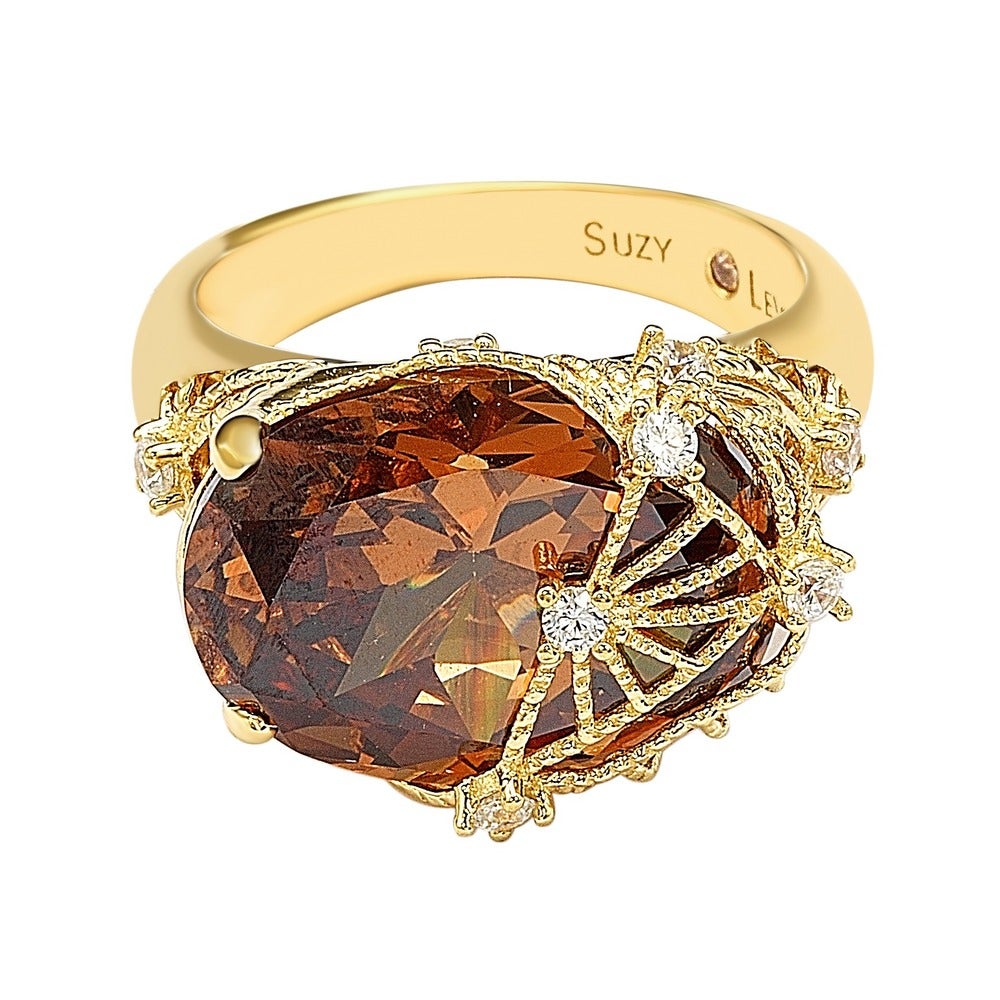 Suzy Levian Gold Plated Sterling Silver Brown Cubic Zirconia Ring