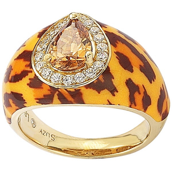 Suzy Levian Gold over Silver Brown Pear cut Cubic Zirconia Panther Animal Print Ring