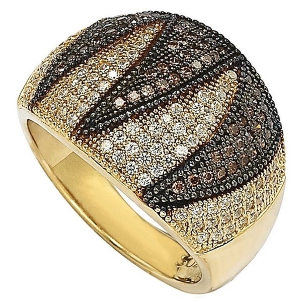 Suzy Levian Golden Sterling Silver Brown and White Cubic Zirconia Wide Band Ring