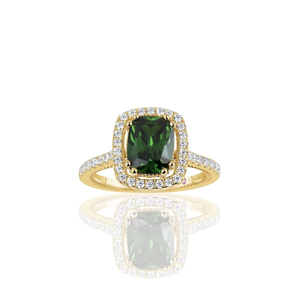 Suzy Levian Golden Sterling Silver Elongated Cushion Cut Green Cubic Zirconia Solitaire Engagement Ring