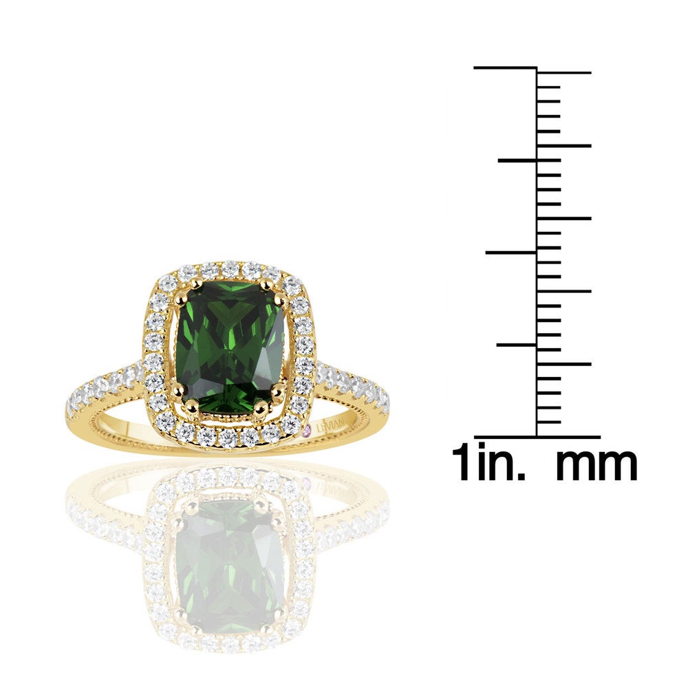 Suzy Levian Golden Sterling Silver Elongated Cushion Cut Green Cubic Zirconia Solitaire Engagement Ring